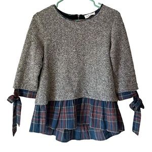 THML Long Sleeve Plaid Peplum Waffle Knit Ruffle Top